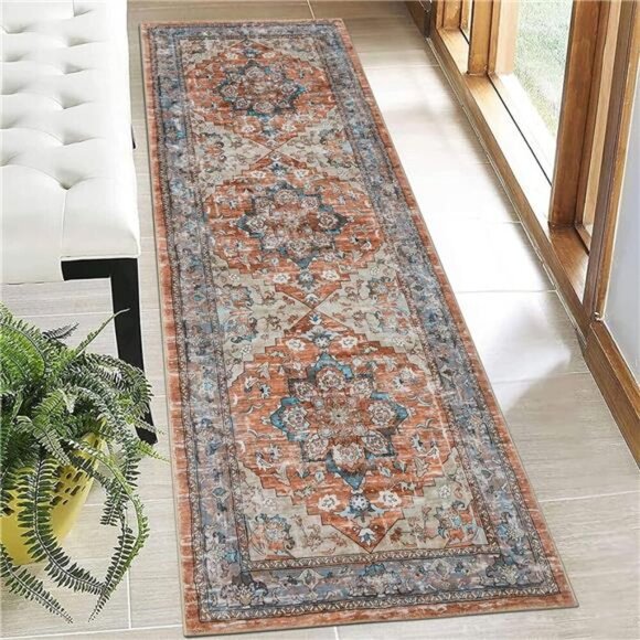 Boho Non Slip Hallway Runner Rug Faux Wool Soft Fuzzy Washable Low-Pile Carpet - Picture 1 of 7